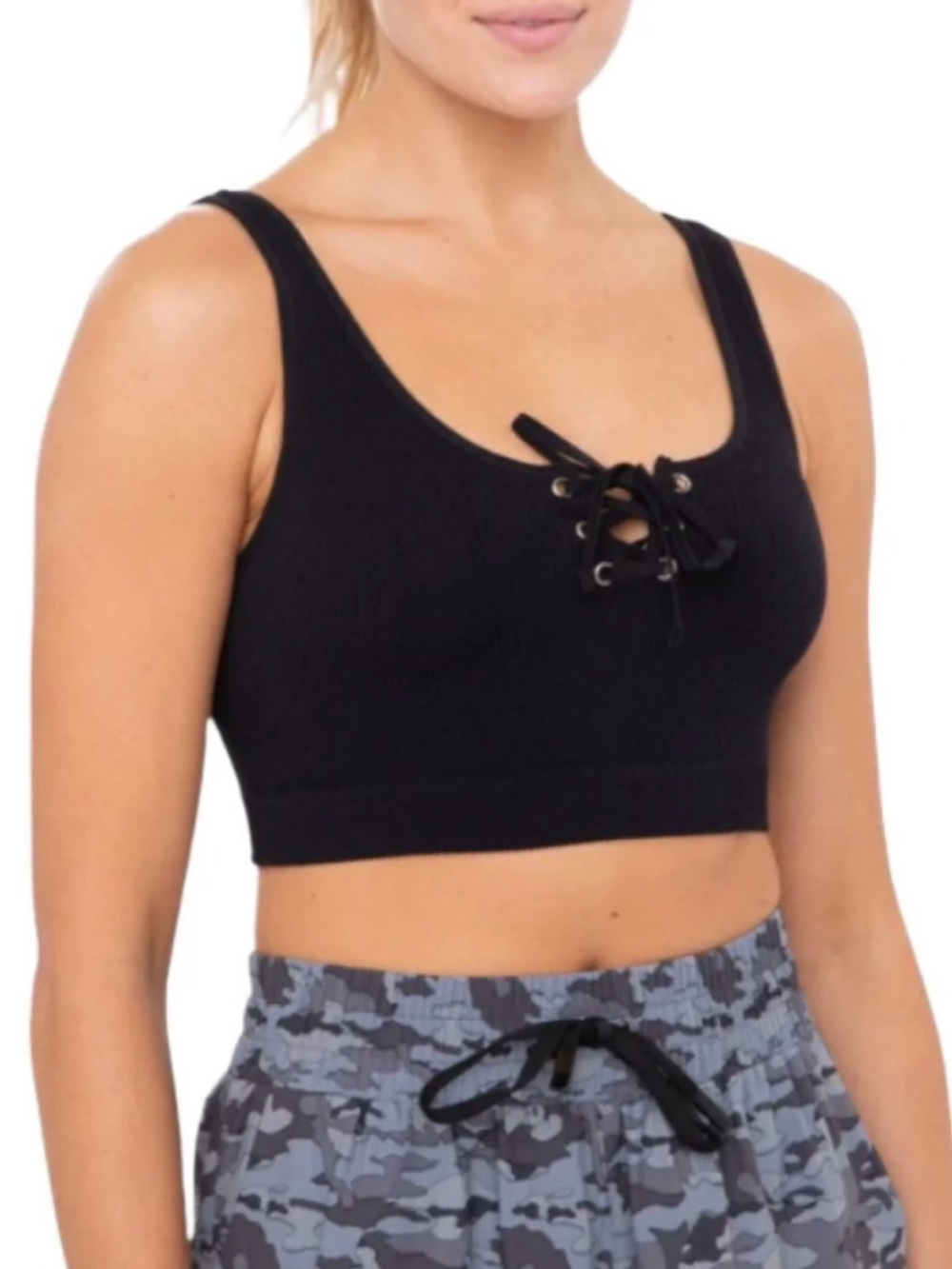 Mono B Black Ribbed Lace-Up Sports Bralette
